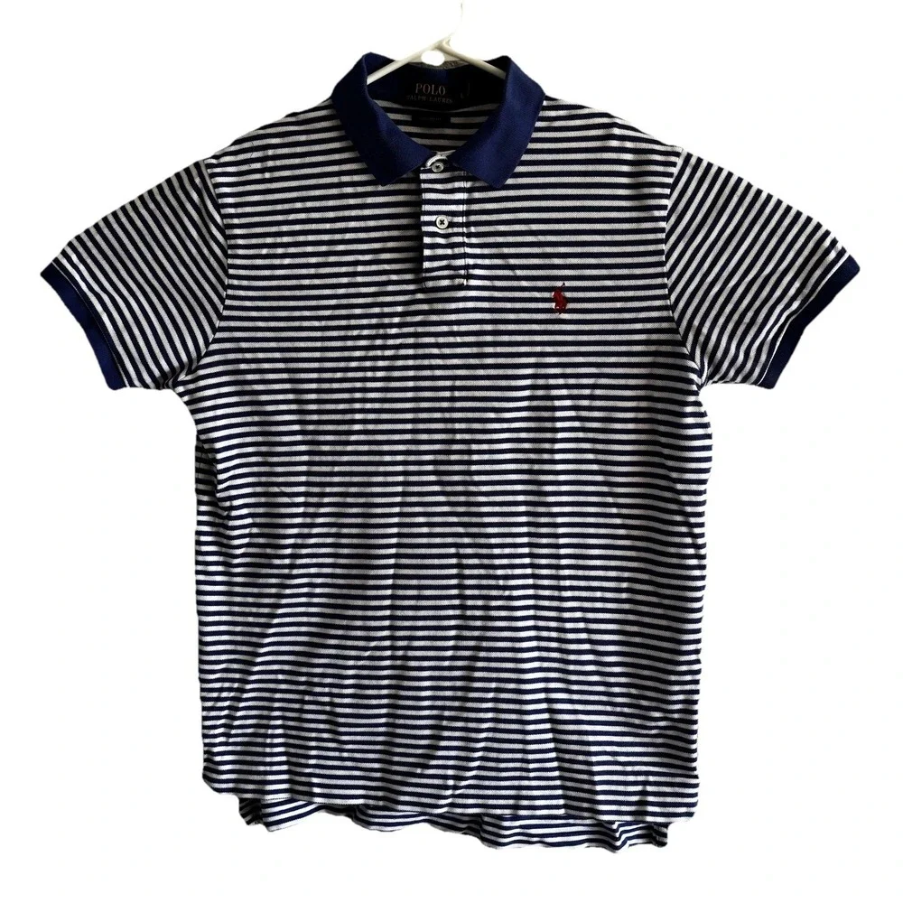 Polo Ralph Lauren Polo Shirt Mens Large Blue Striped Custom Fit Preppy